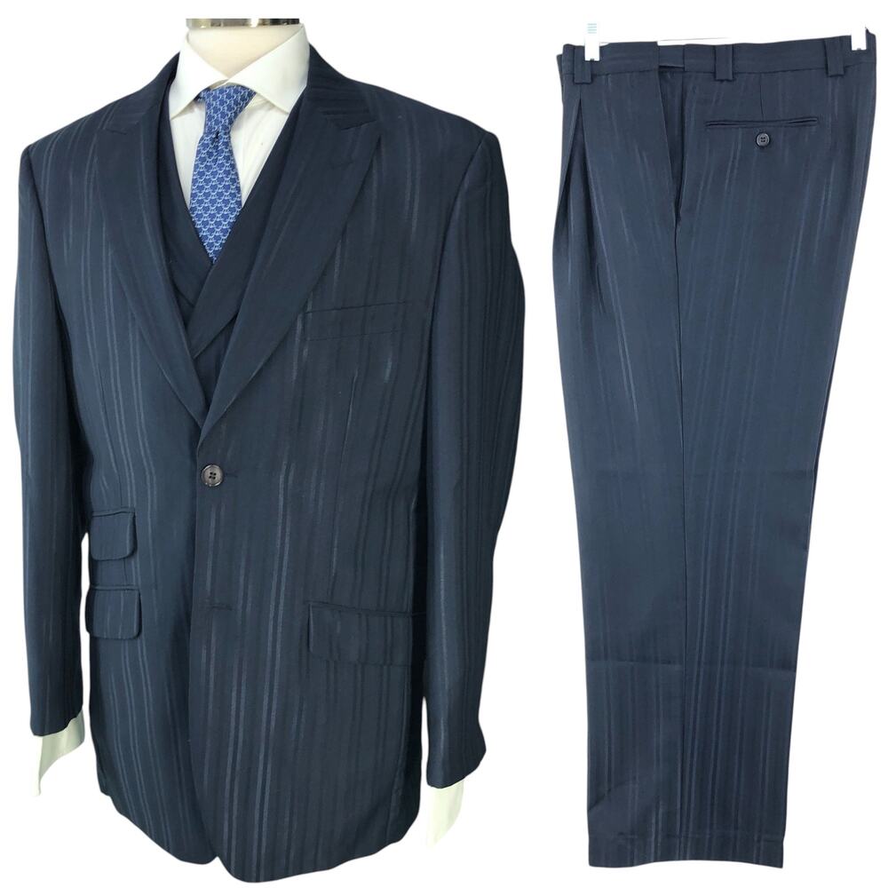 Stacy Adams Mens Size 40R Suit Three 3 Piece Drop 4 Blue Ghost Double Striped